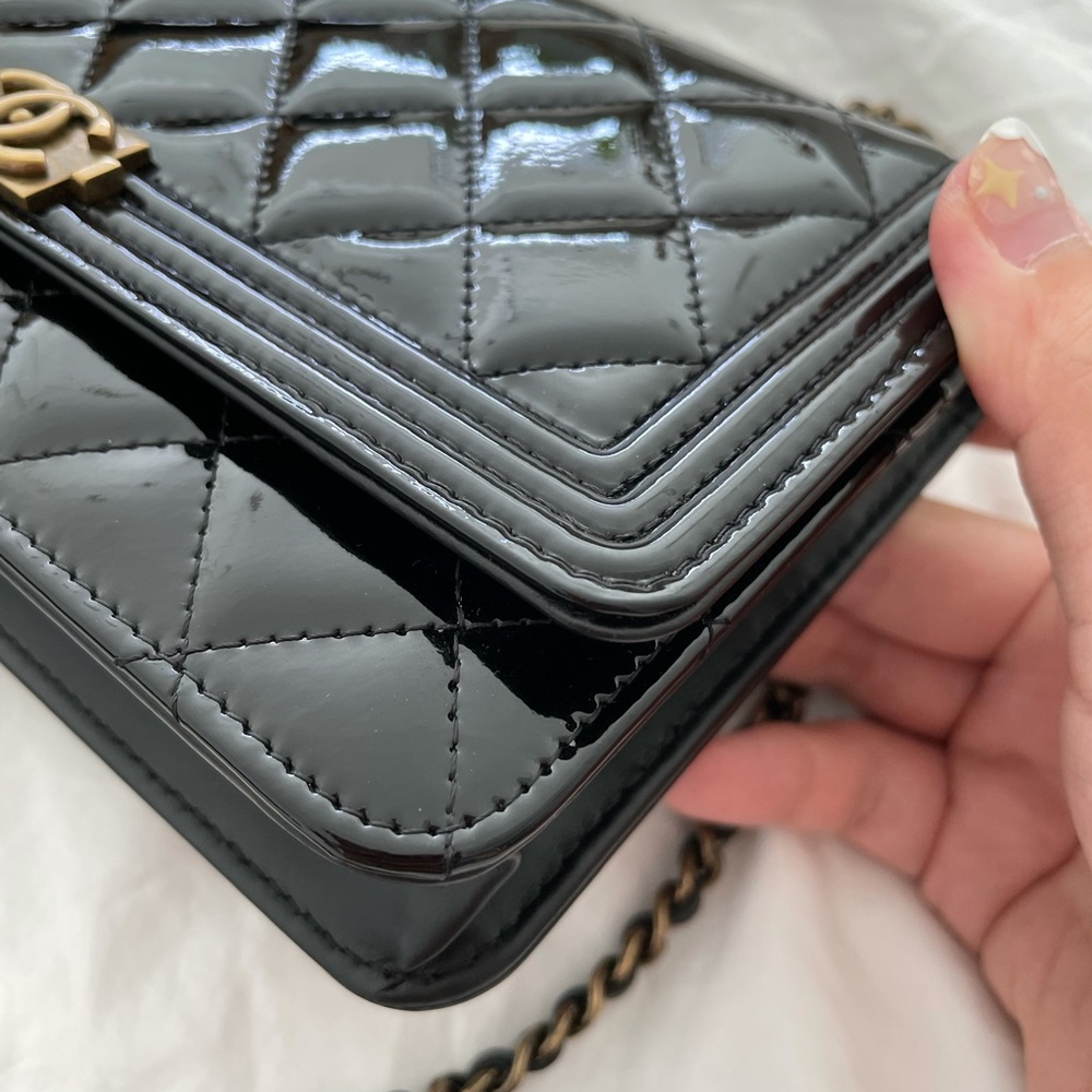•SOLD to Fashionphile• CHANEL Patent Boy Wallet On Chain WOC Black - Picture 10 of 16